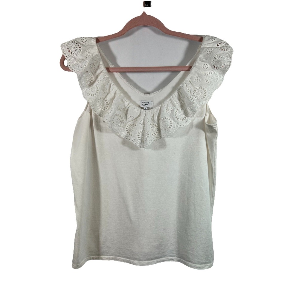 Crown & Ivy White Eyelet Lace Ruffle V-Neck Tank Top Size M Cottagecore Dainty